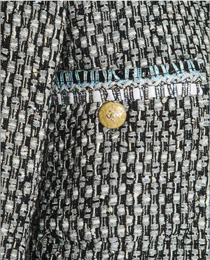 Chanel Black, White, and Grey Tweed Coat with Iridescent Details and Gold CC Logo Buttons with Front Pockets Size FR 36 (UK 8)