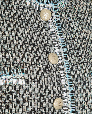 Chanel Black, White, and Grey Tweed Coat with Iridescent Details and Gold CC Logo Buttons with Front Pockets Size FR 36 (UK 8)