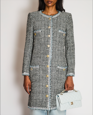 Chanel Black, White, and Grey Tweed Coat with Iridescent Details and Gold CC Logo Buttons with Front Pockets Size FR 36 (UK 8)