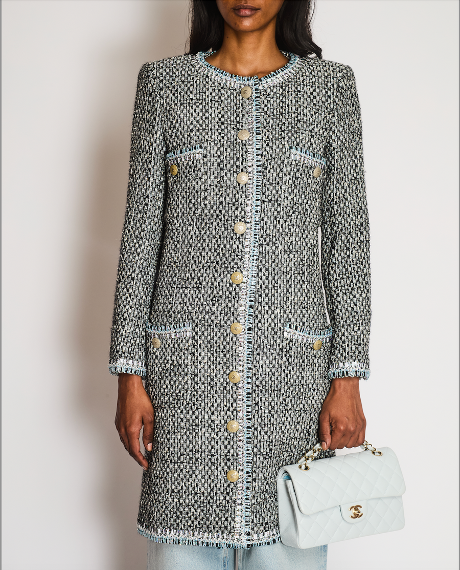 Chanel Black, White, and Grey Tweed Coat with Iridescent Details and Gold CC Logo Buttons with Front Pockets Size FR 36 (UK 8)
