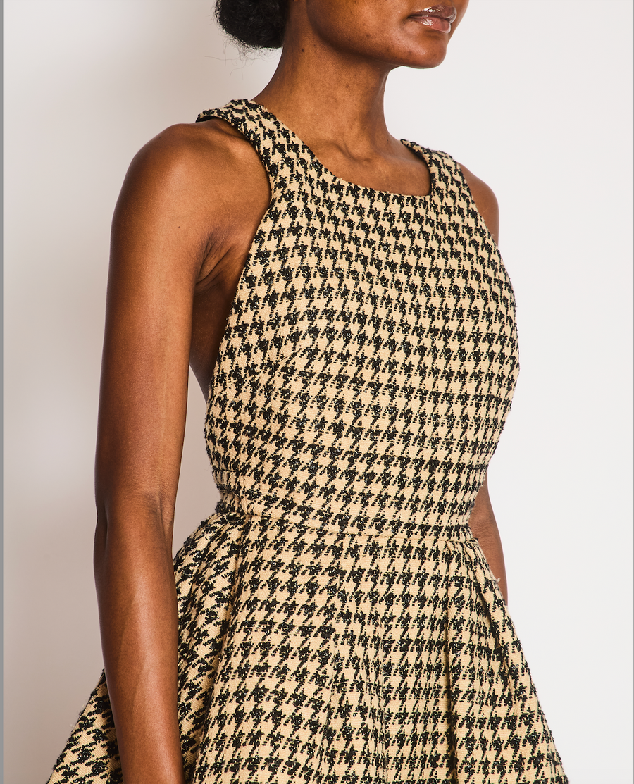 Christian Dior Beige and Black Houndstooth Sleeveless Mini Dress with Crossover Back Strap Detail Size FR 36 (UK 8)