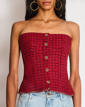 Chanel 2023 Pre Fall Red Tweed Bustier with Gold Chain Detail and CC Logo Buttons Size FR 40 (UK 12)
