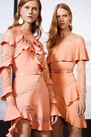Elie Saab Resort 2018 Coral Pink Long-Sleeve Mini Ruffle Dress with Lace Details Size FR 38 (UK 10)