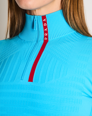 Prada Blue Cropped Ribbed Logo Long Sleeve Top Size XS (UK 4)