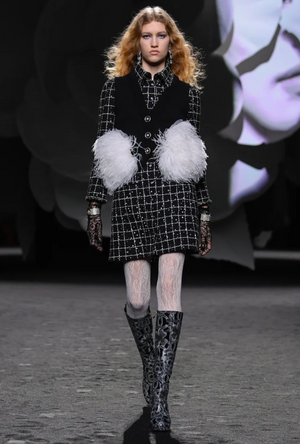 Chanel 23K Runway Camellia and CC Logo Print Heeled Boots in Black Crumpled Leather Size EU 39C