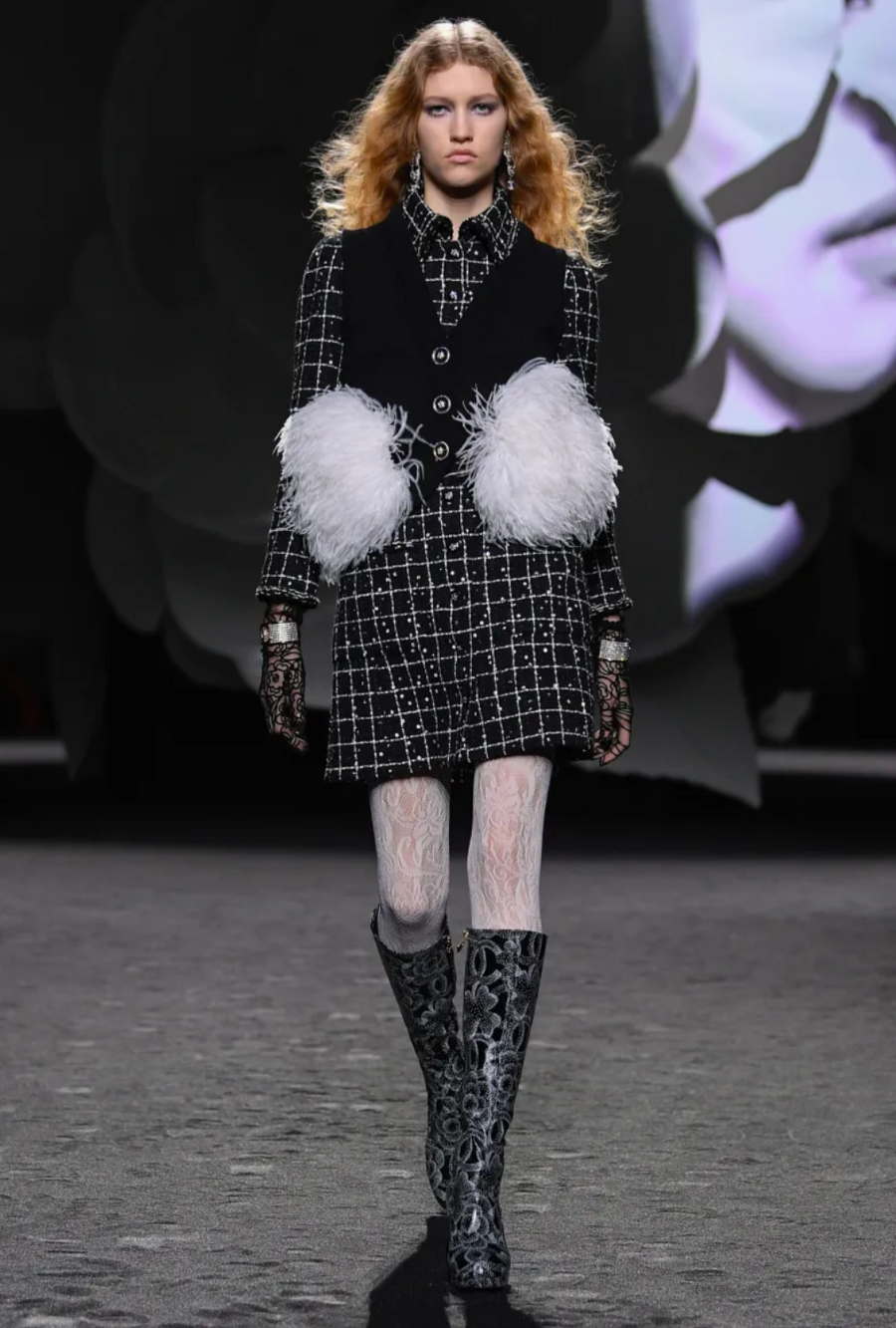 Chanel 23K Runway Camellia and CC Logo Print Heeled Boots in Black Crumpled Leather Size EU 39C