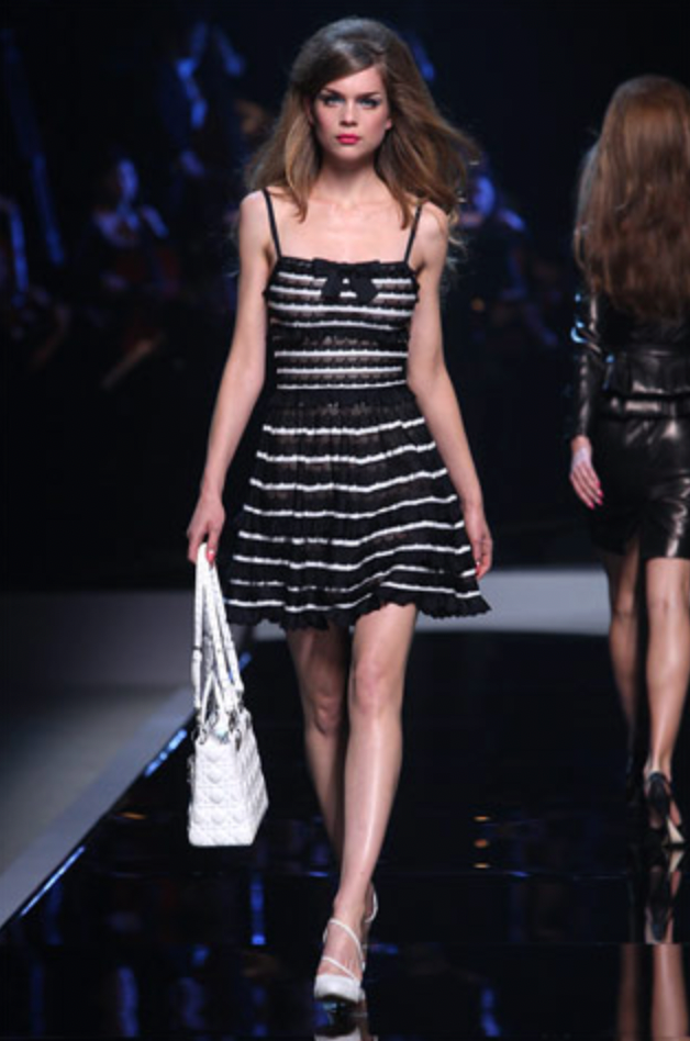 Christian Dior Resort 2011 Black and White Striped Pointelle Knit Tiered Sleeveless Mini Dress with Front Bow Detail Size FR 36 (UK 8)