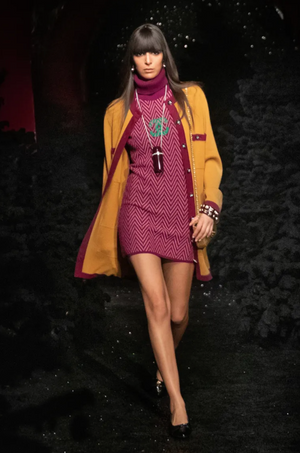 Chanel Fall 2021 Pink and Purple Cashmere Knit High-Neck Sleeveless Midi Dress with ZigZag Pattern and Green CC Logo and with Back Crystal CC Logo Detail Size FR 38 (UK 10)