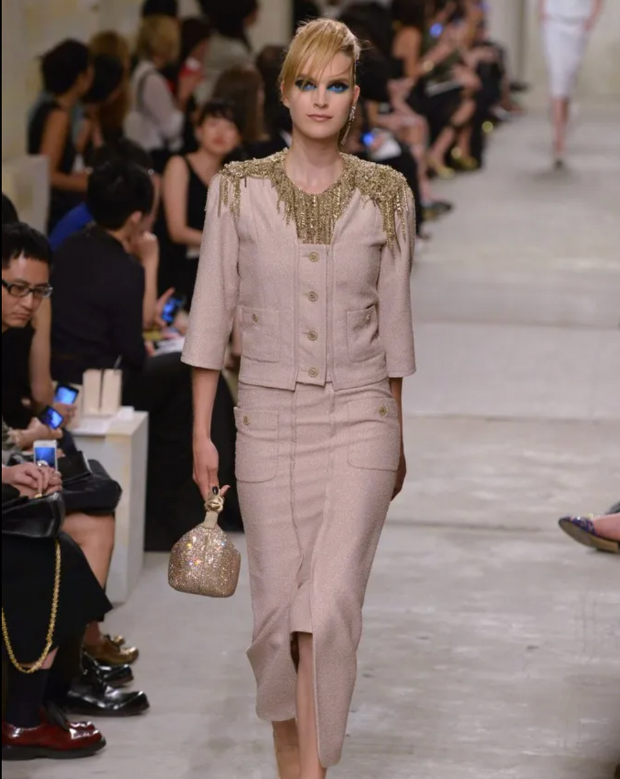 Chanel Cruise 2014 Beige and Metallic Gold Jacket with Gold CC Logo Buttons Size FR 42 (UK 14)