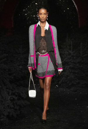 Chanel Fall 2021 Silver Metallic Knit Cardigan with Pink Trim and CC Crystal Buttons Size FR 34 (UK 6)