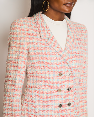Chanel Red, Blue and White Tweed Jacket and Skirt Set with Silver CC Button Details Size FR 40 (UK 12)