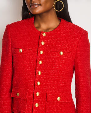 Celine Tweed Red Collarless Button Down Jacket Size FR 36 (UK 8)