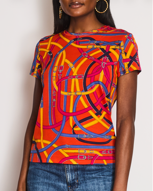 Hermes Orange T-Shirt with Multi-Coloured Belt and Buckle Print Size FR 38 (UK 10)