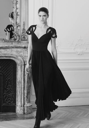 Elie Saab Pre-Fall 2024 Black Sleeveless Gown with Structural Straps and Pleated Skirt Size FR 42 (UK 14)