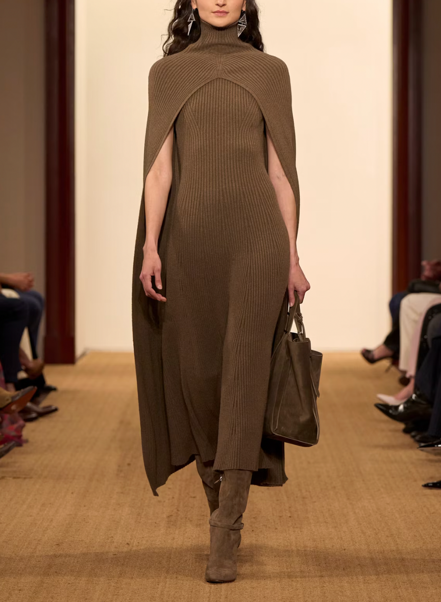 Ralph Lauren Fall 2024 Purple Label Brown Cashmere Knitted Sleeveless Maxi Dress and Cape Set Size M (UK 10) RRP £3,900