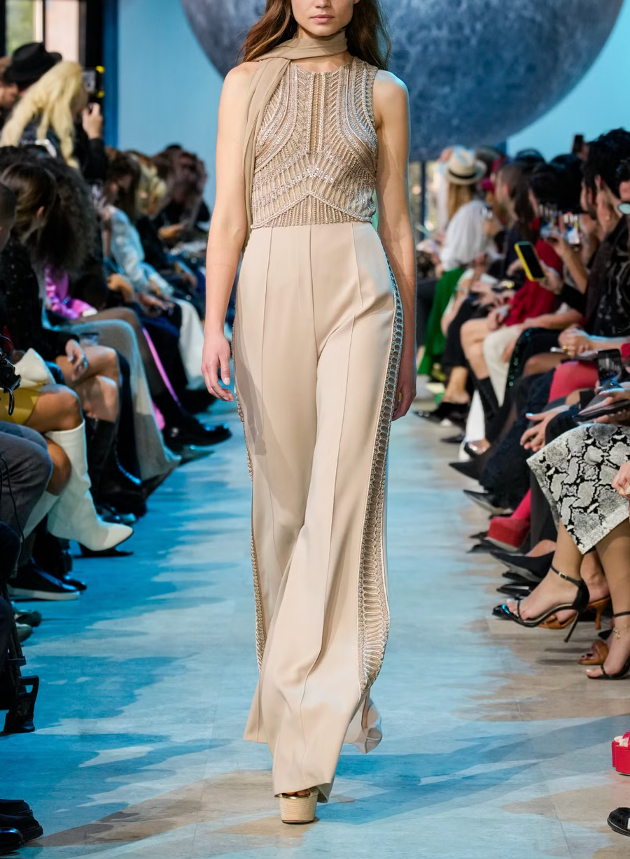 Elie Saab SS24 Beige Sleeveless Jumpsuit with Beading and Leather Belt Detail Size FR 42 (UK 14)