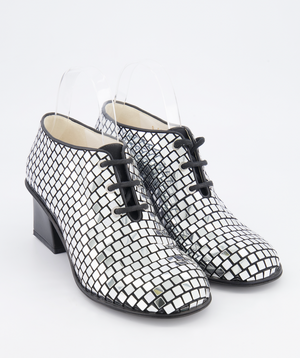 Chanel Resort 2024 Runway Silver Mirror Facets Lace-Up Heeled Boots with Gold CC Logo Detail Size EU 38C RRP £1,900