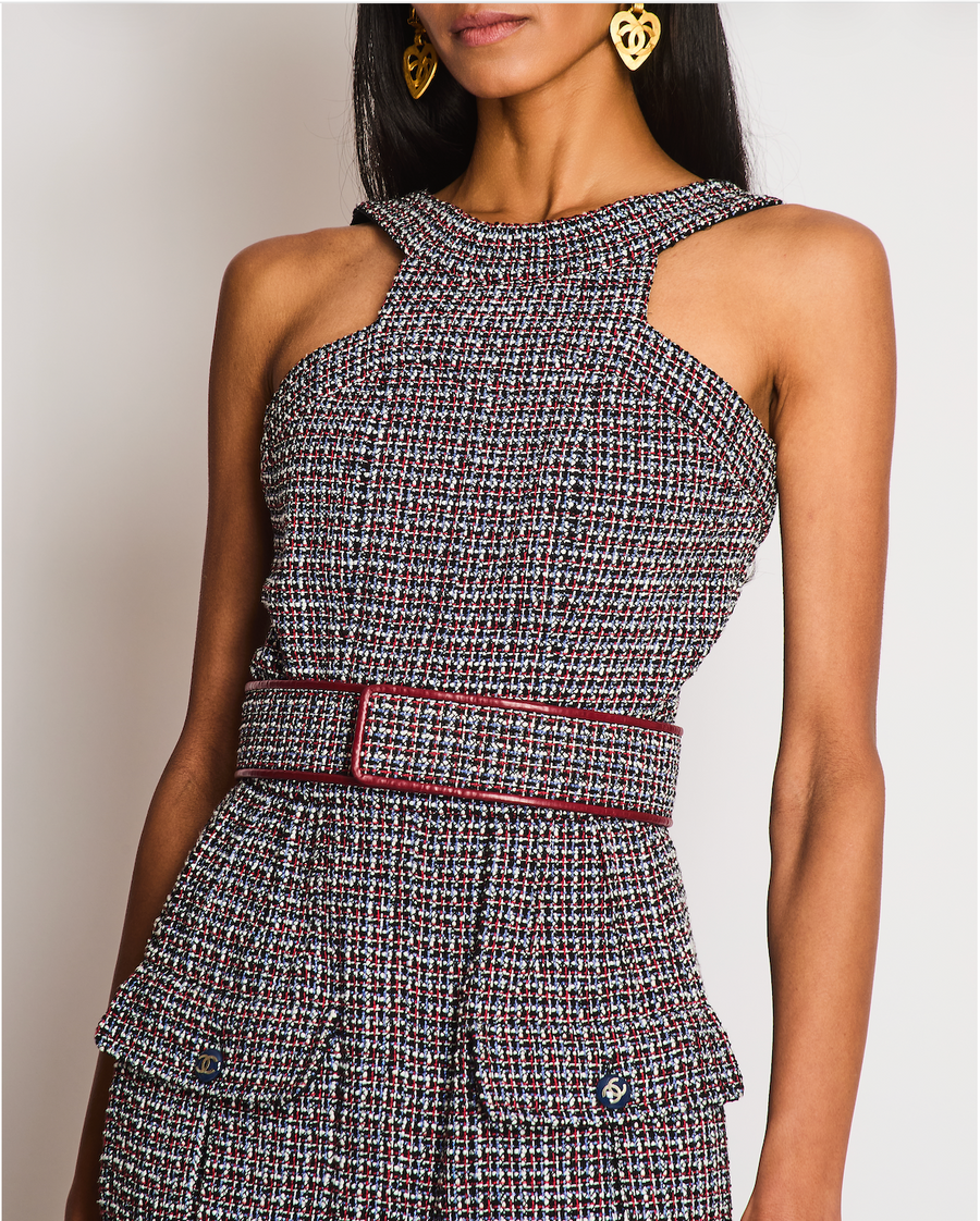 Chanel SS15 Black, Red, Blue and White Tweed Set With Cropped Jacket and Dress With Matching Belt and CC Logo Buttons Details Size FR 36/38 (UK 8/10)