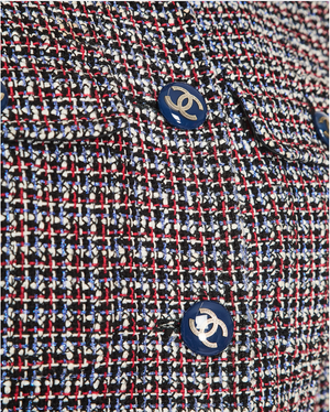 Chanel SS15 Black, Red, Blue and White Tweed Set With Cropped Jacket and Dress With Matching Belt and CC Logo Buttons Details Size FR 36/38 (UK 8/10)