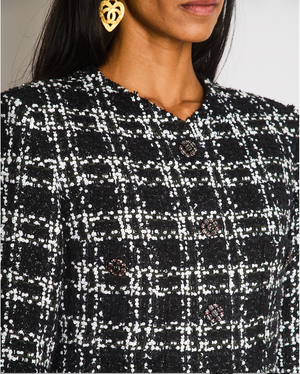 Chanel FW22 Black and White Checkered Tweed Jacket With White Sequins Details Size FR 34 (UK 6)