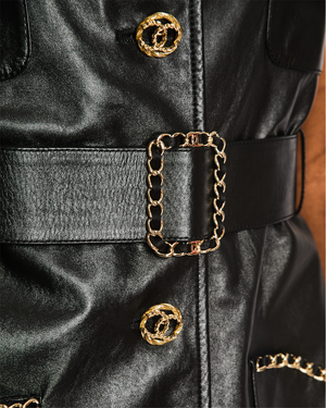 Chanel 23/B Black Leather Sleeveless Dress with Chain and Weaved Belt CC Detail Size FR 38 (UK 10)