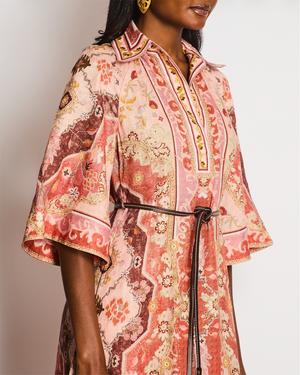 Zimmermann Wylie Pink Motif Printed V Neck Linen Belted Midi Dress with a Belt Size 0 (UK 8)