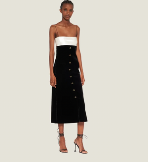 Miu Miu Black Velvet Maxi Dress with White Silk Top Detail and Gold and Black Buttons Size IT 40 (UK 8) RRP £3,300