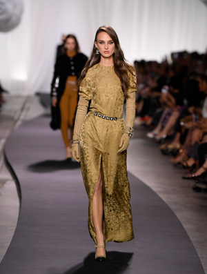 Chanel Metiers d'Art 2022 Beige Silk Polkadot Long-Sleeve Maxi Dress with Front Slit and CC Logo Details Size FR 36 (UK 8)