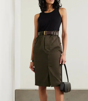 Saint Laurent Brown Denim Midi Skirt with Leather Belt with Gold Buckle and Back Pockets Size 26 (UK 8) RRP £1,700
