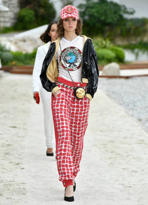 Chanel Cruise 2023 Black Shiny Bomber Jacket with Gold Trims and Zippers with Red and Gold CC Logo Button Size FR 38 (UK 10)