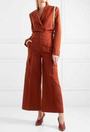 Stella McCartney Burnt Orange Wool Double-Breasted Blazer Jacket and High-Waisted Cargo Trousers Set with Logo Buttons Size IT 38 (UK 6) RRP £1,925