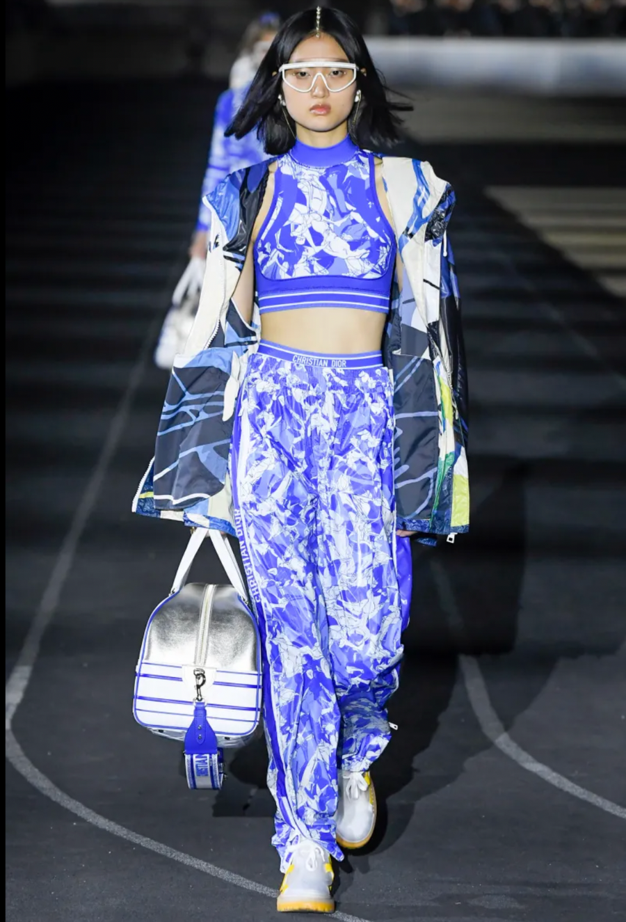 Christian Dior Resort 2022 Runway Blue and White Abstract Print Top and Trouser Set with Logo Band Detail Size FR 34/38 (UK 6/10) RRP £3,200