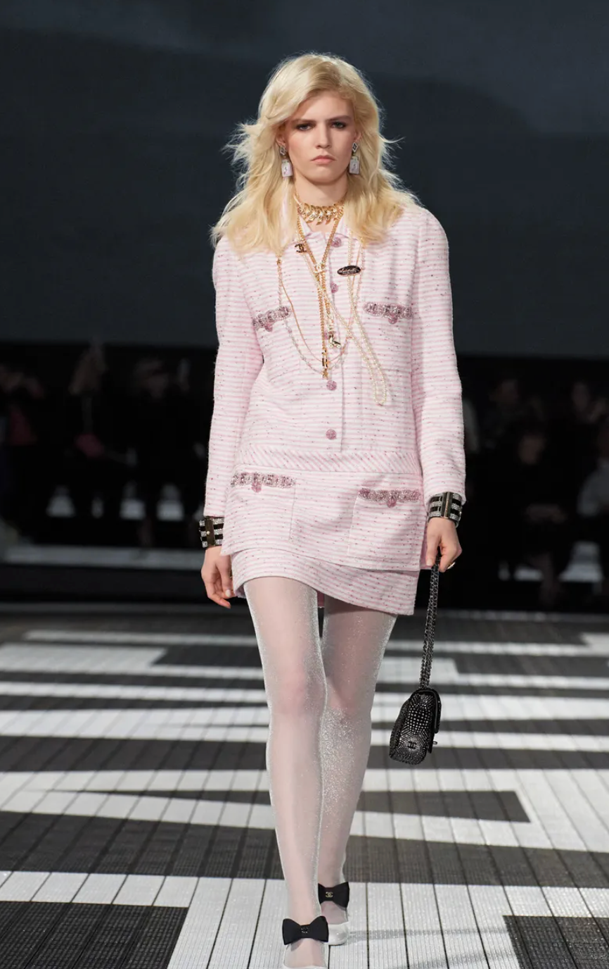 Chanel 24 Cruise Pink Striped Glitter Midi Skirt with Pleated Detail Size FR 38 (UK 10)