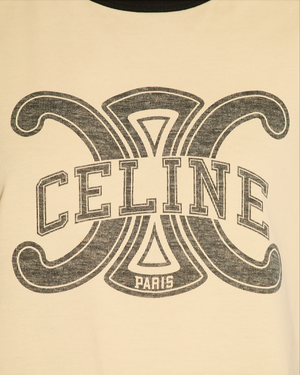 Celine Beige Triomphe Logo T-Shirt with Black Trim Detail Size M (UK 10)