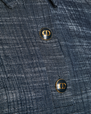 Christian Dior Navy Cotton and Linen Blend Short-Sleeved Mini Dress with Blue and Gold Logo Buttons Size FR 36 (UK 8)