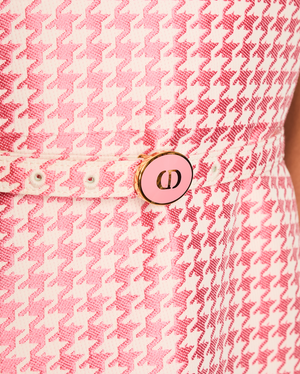Christian Dior Pink and White Houndstooth Sleeveless Belted Mini Dress with Gold and Pink Logo Buckle Detail Size FR 38 (UK 10)