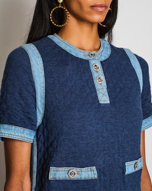 Chanel 20/P Blue Quilted Short Sleeve Midi Dress with Denim Trim Detail Size FR 36 (UK 8)