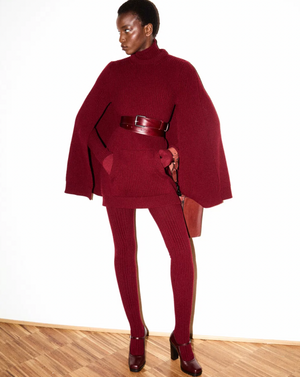 Max Mara Fall 2025 Burgundy Wool Knit Mini Dress with Cape, Pockets and Leather Belt Detail Size FR 38 (UK 10) RRP £1,550