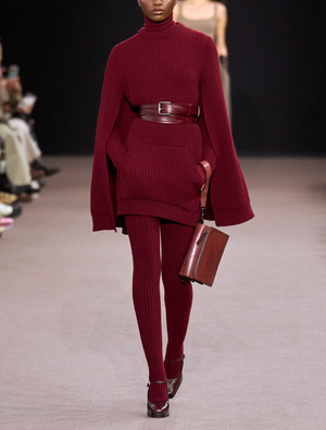 Max Mara Fall 2025 Burgundy Wool Knit Mini Dress with Cape, Pockets and Leather Belt Detail Size FR 38 (UK 10) RRP £1,550