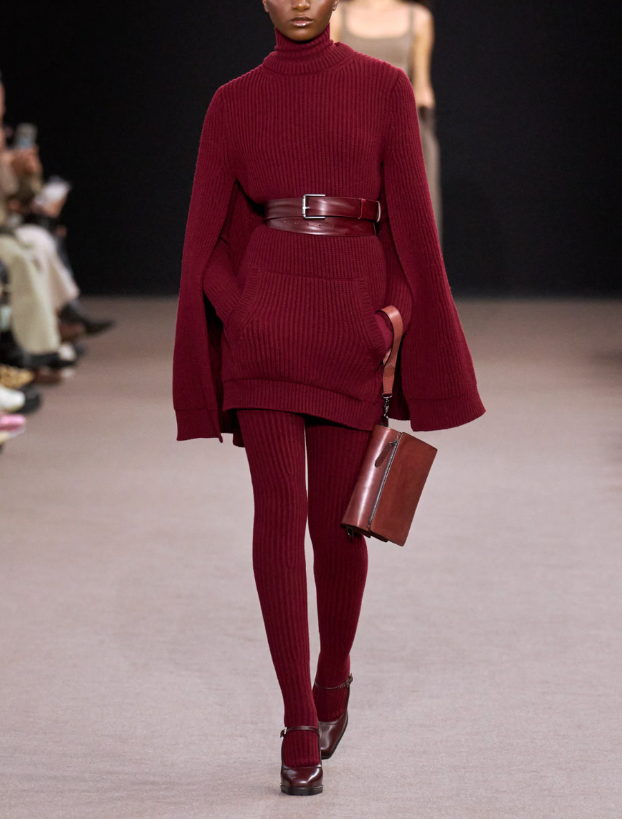 Max Mara Fall 2025 Burgundy Wool Knit Mini Dress with Cape, Pockets and Leather Belt Detail Size FR 38 (UK 10) RRP £1,550