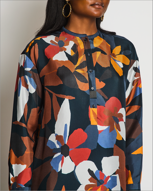 Loro Piana Floral Orange and Navy Long Sleeve Silk Shirt Size IT 40 (UK 8)