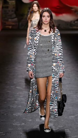 Chanel 24/SS Black And Cream Striped Silk Coat With Multicolour CC Round Logo and CC Button Details  Size FR 34 (UK 6)