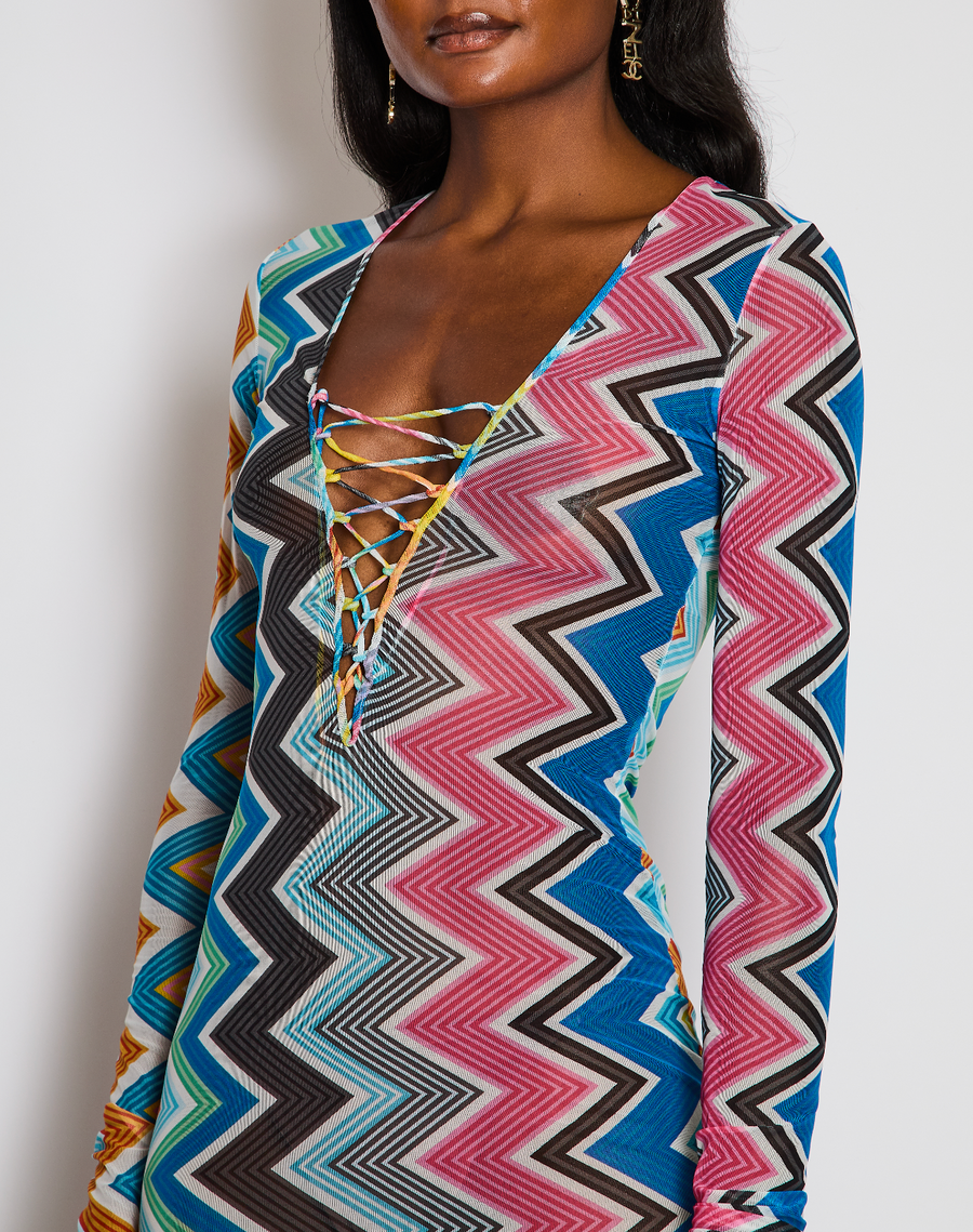 Missoni Blue Zig-Zag Print Long Sleeve Mesh Maxi Dress Size IT 40 (UK 8)