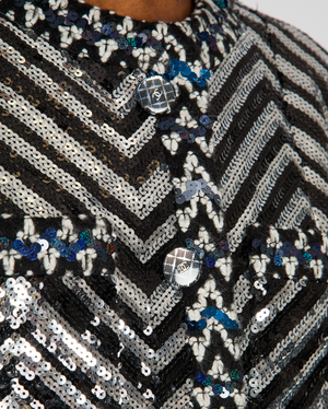 Chanel 21K Black Collarless Chevon Sequin Tweed Jacket Size FR 42 (UK 14)