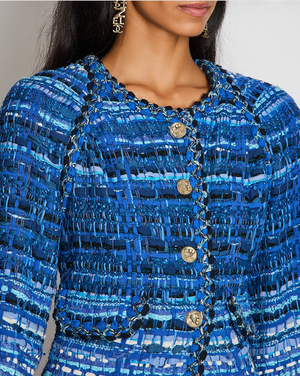Chanel 18/C Blue Tweed Collarless Button Down Jacket Size FR 42 (UK 14)