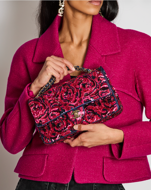*SUPER RARE* Chanel 21F/W Pink and Burgundy Sequin Embroidered Classic Medium Double Flap in Satin with Champagne Hardware