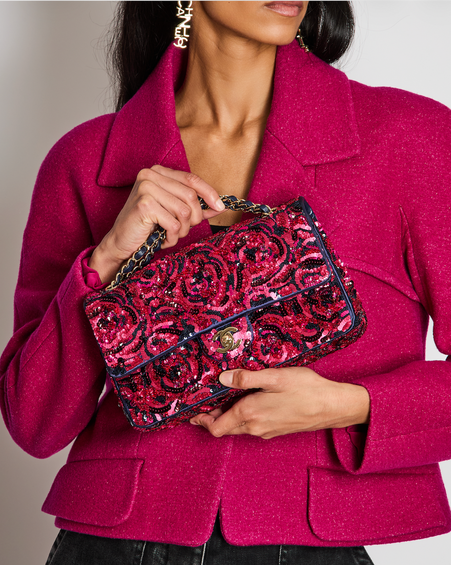 *SUPER RARE* Chanel 21F/W Pink and Burgundy Sequin Embroidered Classic Medium Double Flap in Satin with Champagne Hardware