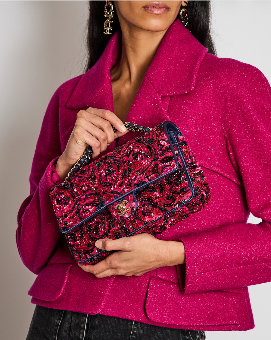 *SUPER RARE* Chanel 21F/W Pink and Burgundy Sequin Embroidered Classic Medium Double Flap in Satin with Champagne Hardware