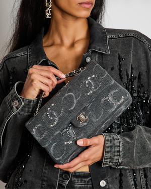 Chanel Denim Charcoal Medium Double Flap Bag with Silver Hardware and Sequin CC Detail