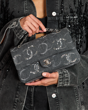 Chanel Denim Charcoal Medium Double Flap Bag with Silver Hardware and Sequin CC Detail